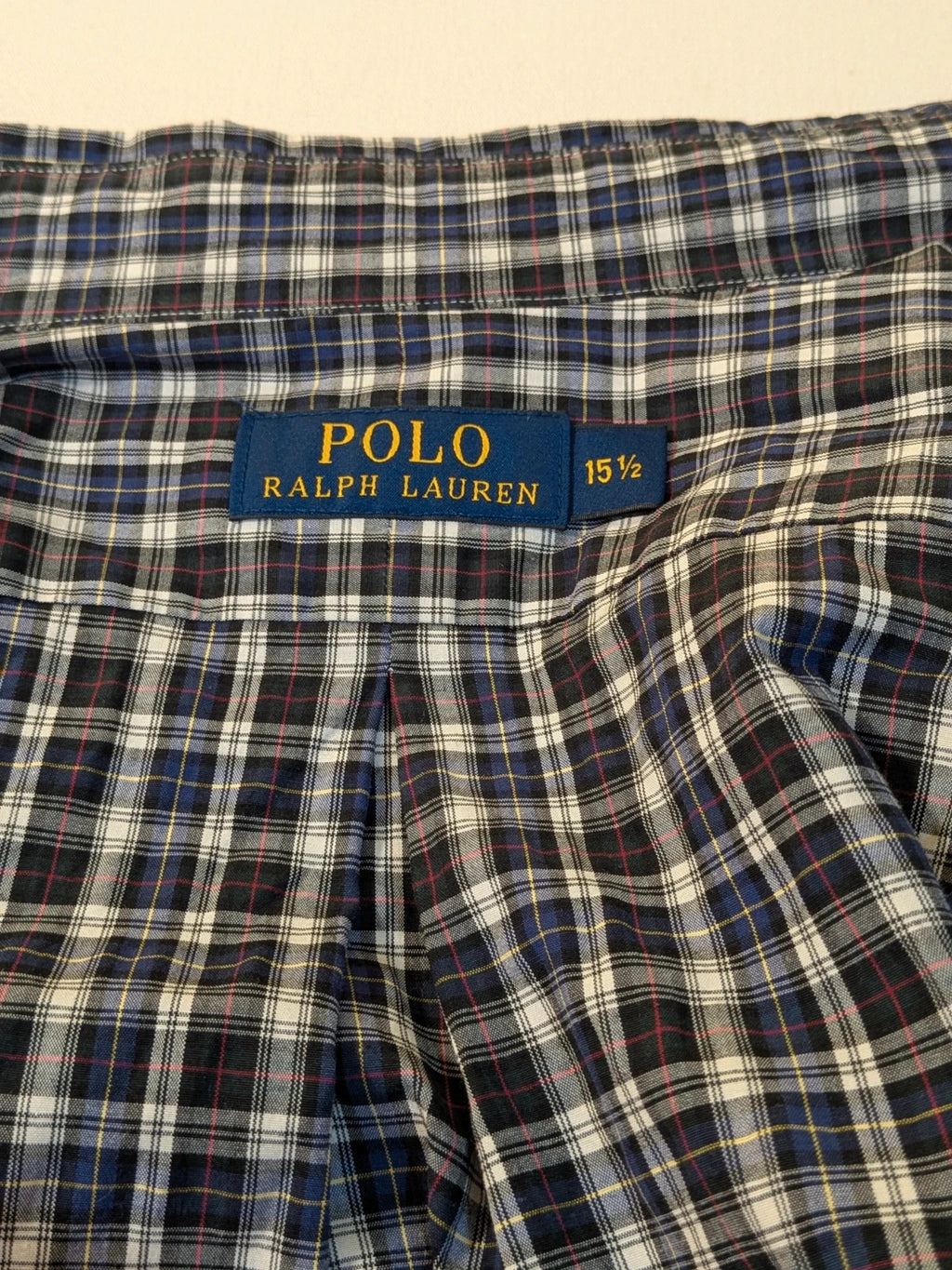 Polo Ralph Lauren black and grey checkered shirt with embroidered pony logo and button-down collar.