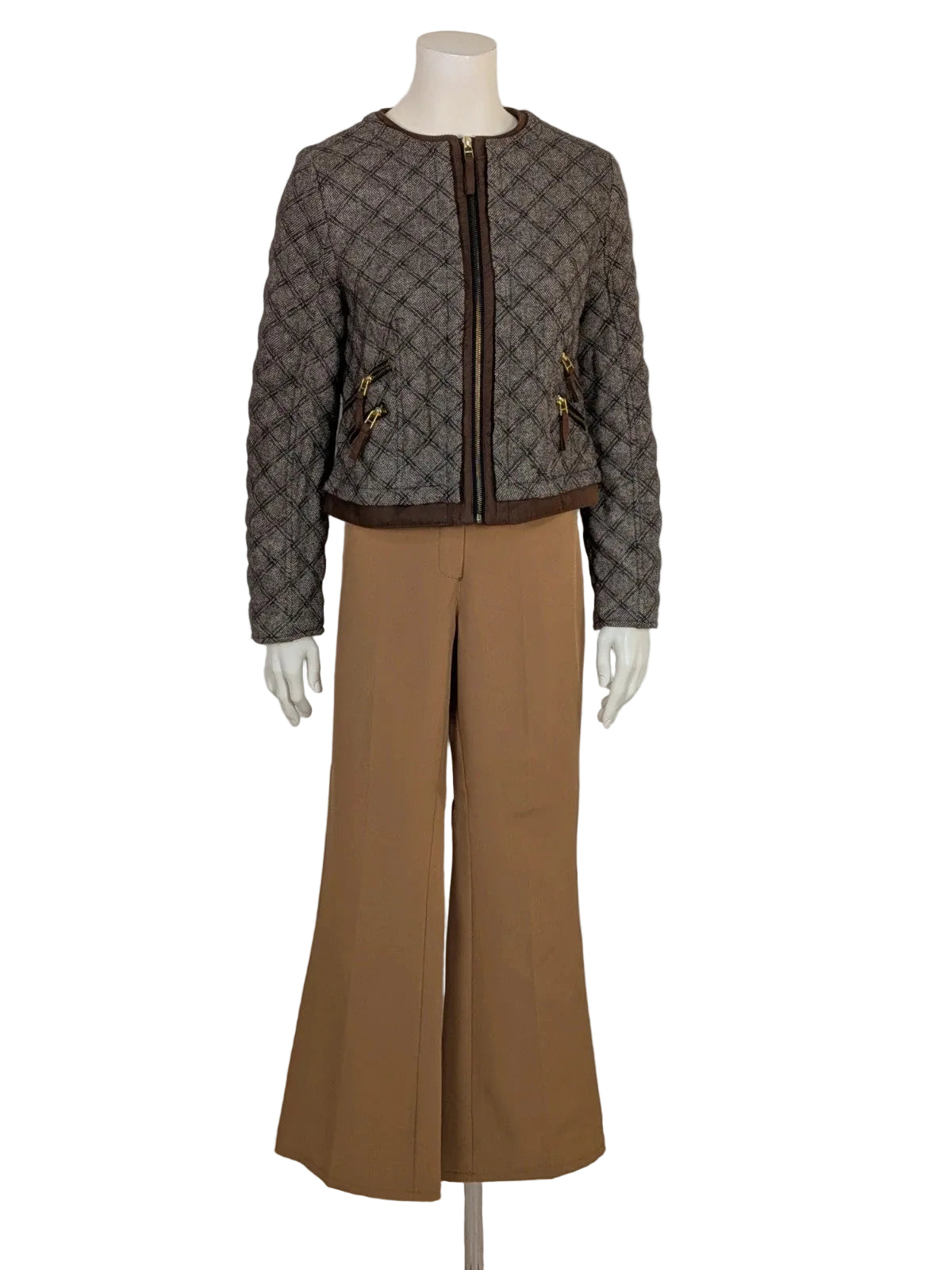 Zara Basic brown pants with flared cut, quilted jacket, gold zipper details.