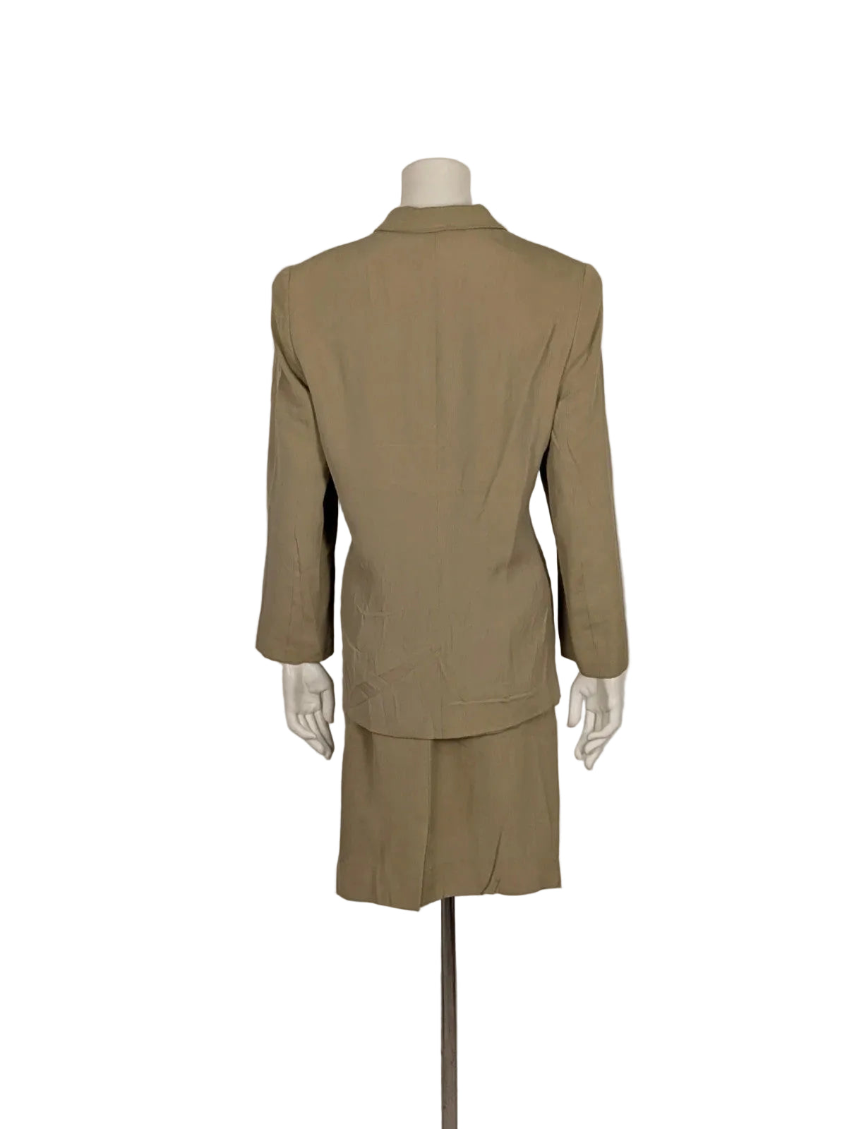 Krizia beige skirt suit with structured jacket, gold buttons, and pleated silk fabric.