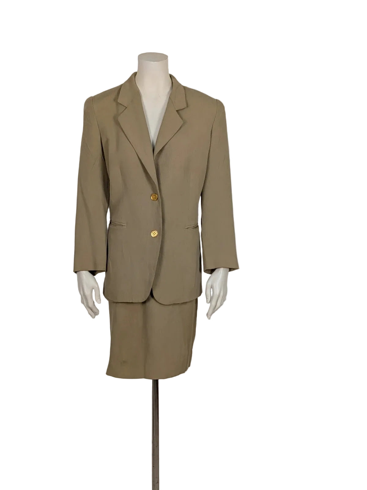 Krizia beige skirt suit with structured jacket, gold buttons, and pleated silk fabric.