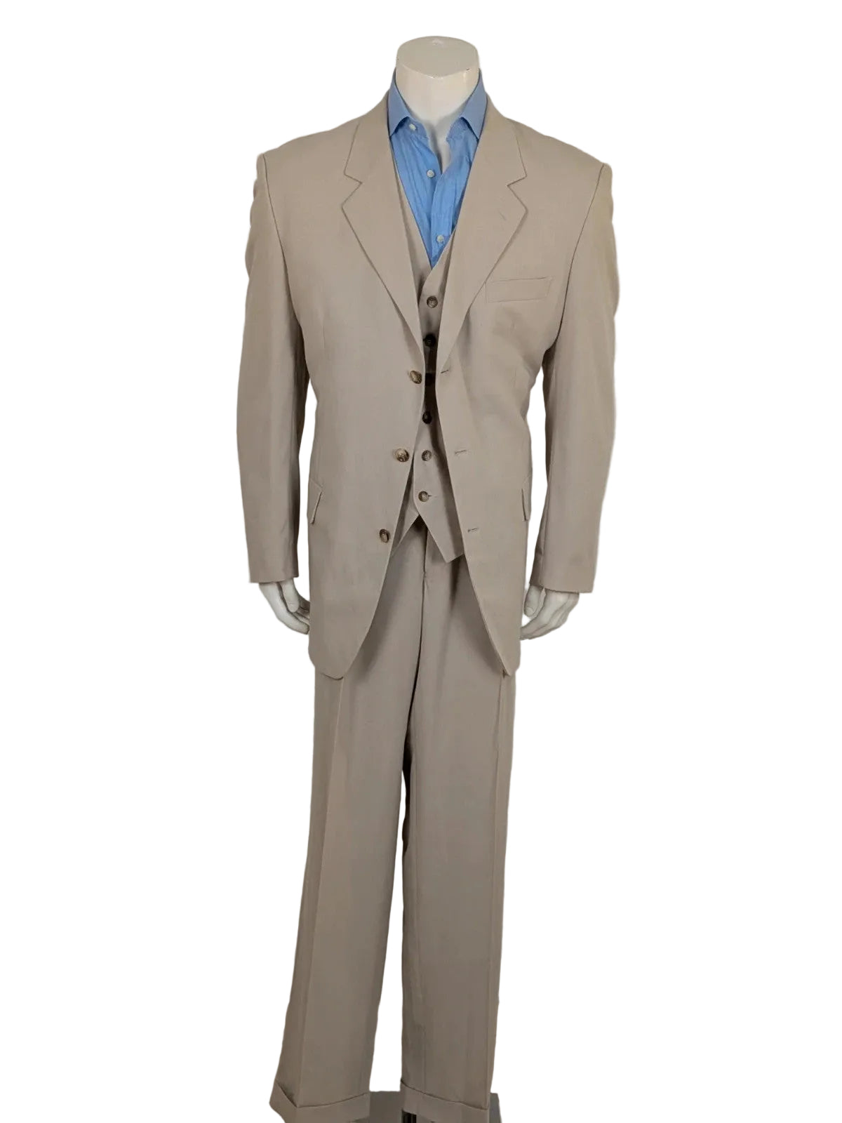 Travelmaster beige three-piece suit with classic lapel and three-button jacket design.