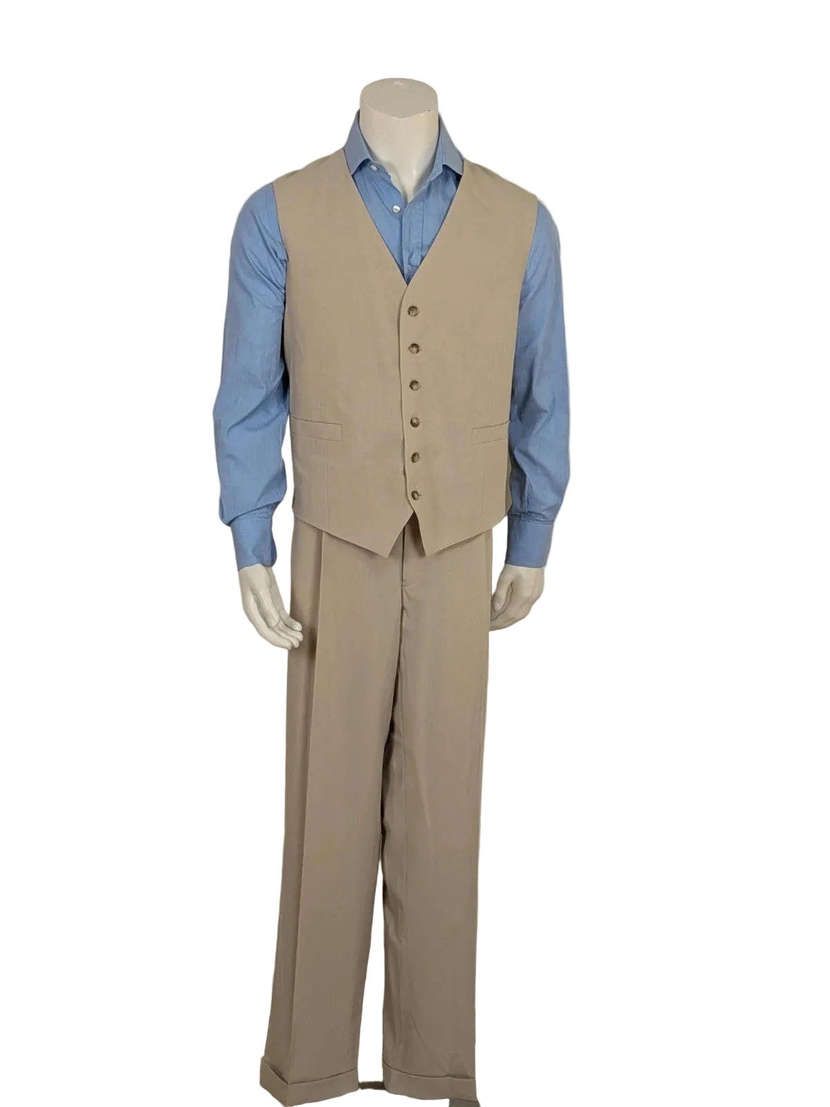 Travelmaster beige three-piece suit with classic lapel and three-button jacket design.