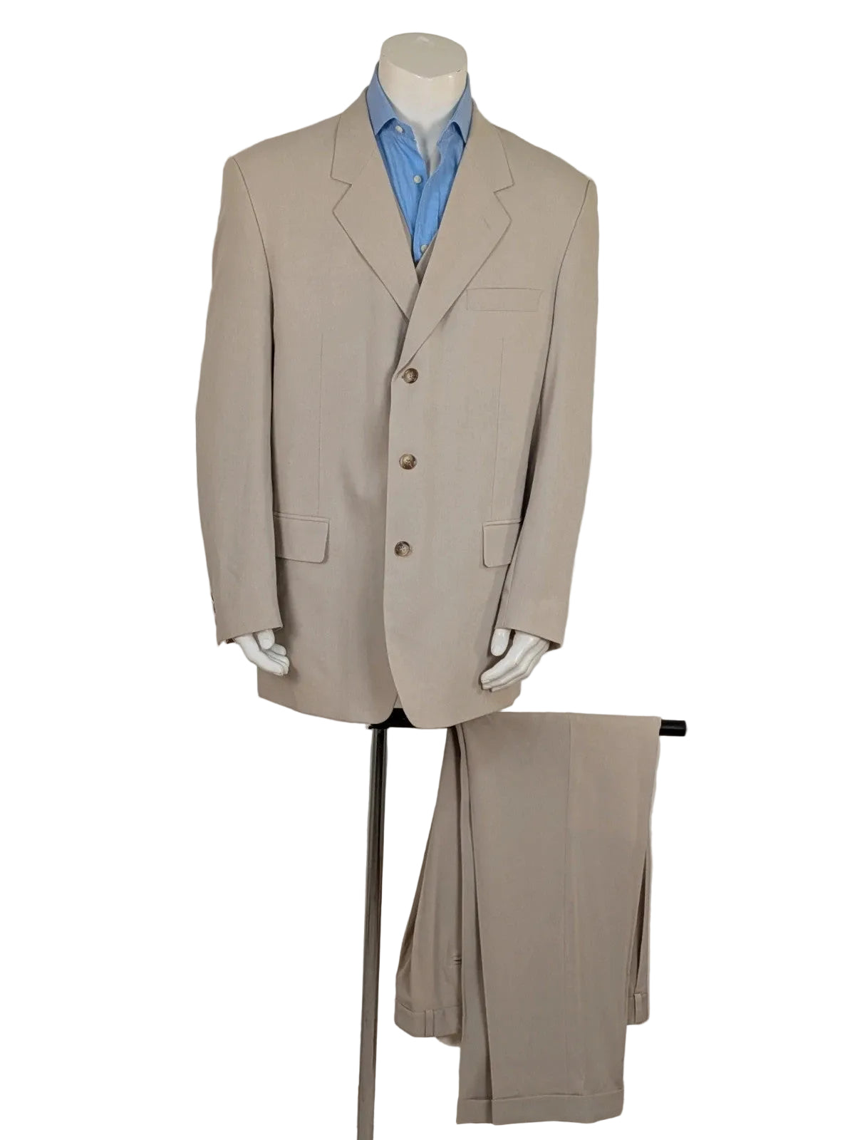 Travelmaster beige three-piece suit with classic lapel and three-button jacket design.