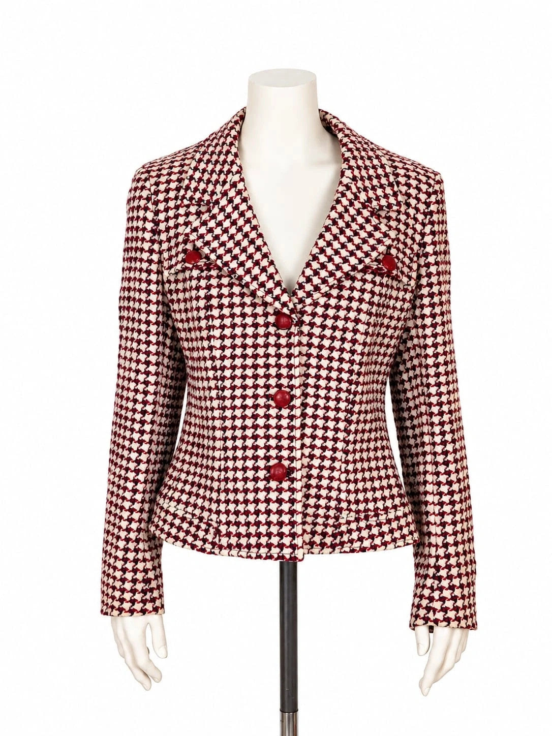 Weekend Max Mara beige and burgundy coat houndstooth pattern with red button closure and classic lapels.