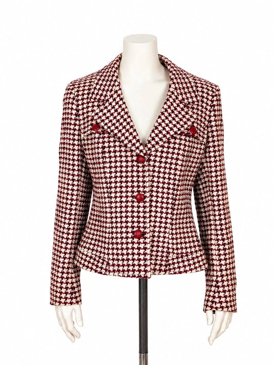 Weekend Max Mara beige and burgundy coat houndstooth pattern with red button closure and classic lapels.