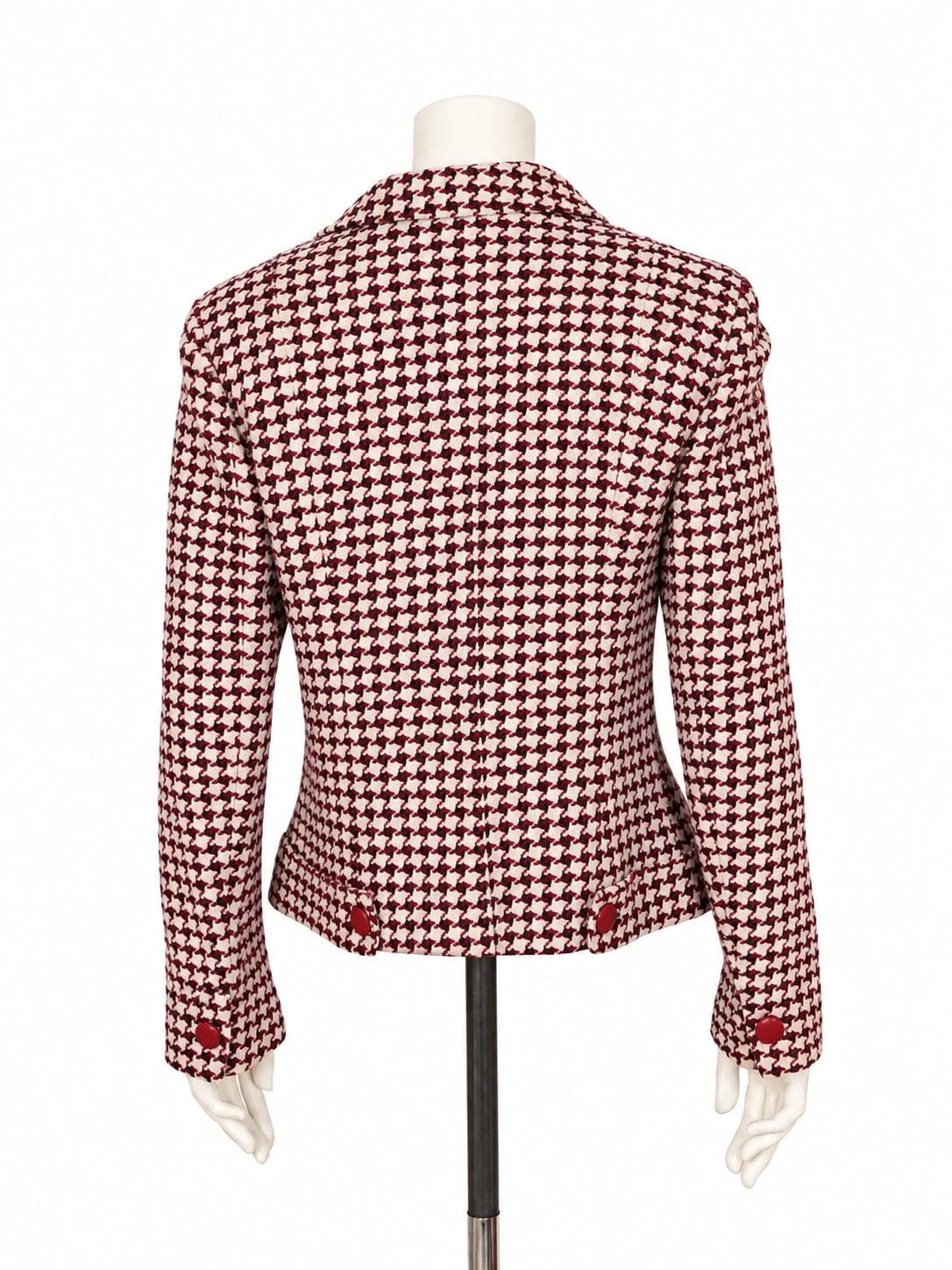 Weekend Max Mara beige and burgundy coat houndstooth pattern with red button closure and classic lapels.