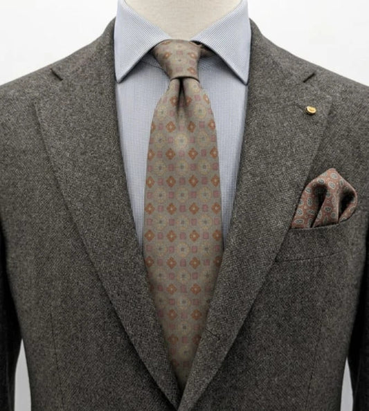 Made in Italy brown multi tie geometric floral pattern with dark blue back.