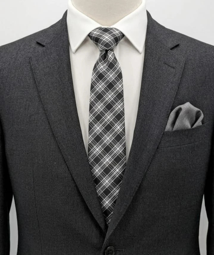Jules tie black white gray tartan pattern 100% polyester fabric.