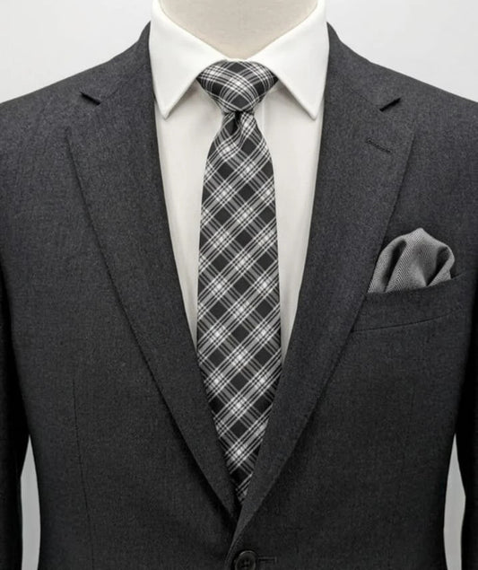 Jules tie black white gray tartan pattern 100% polyester fabric.