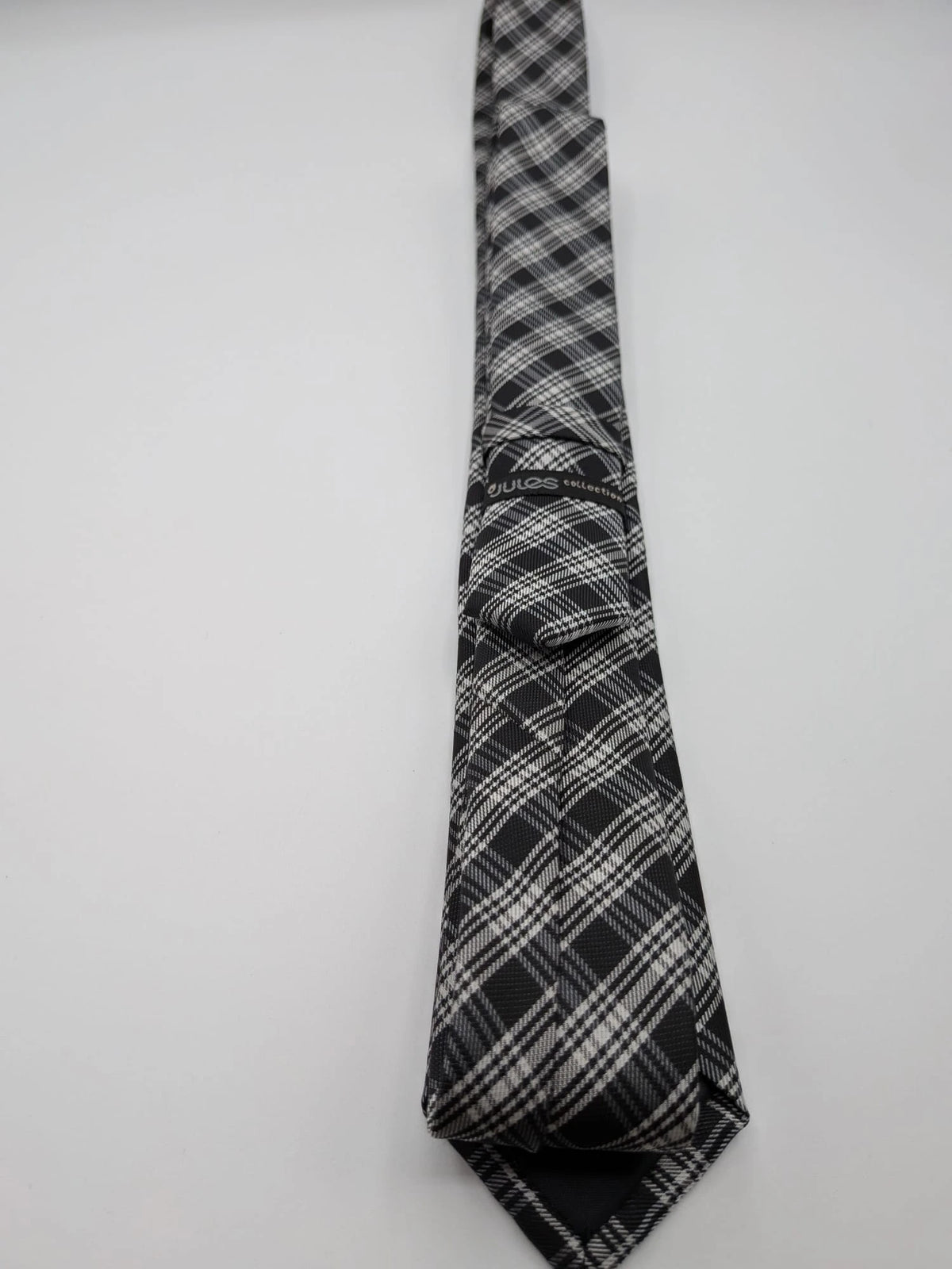 Jules tie black white gray tartan pattern 100% polyester fabric.