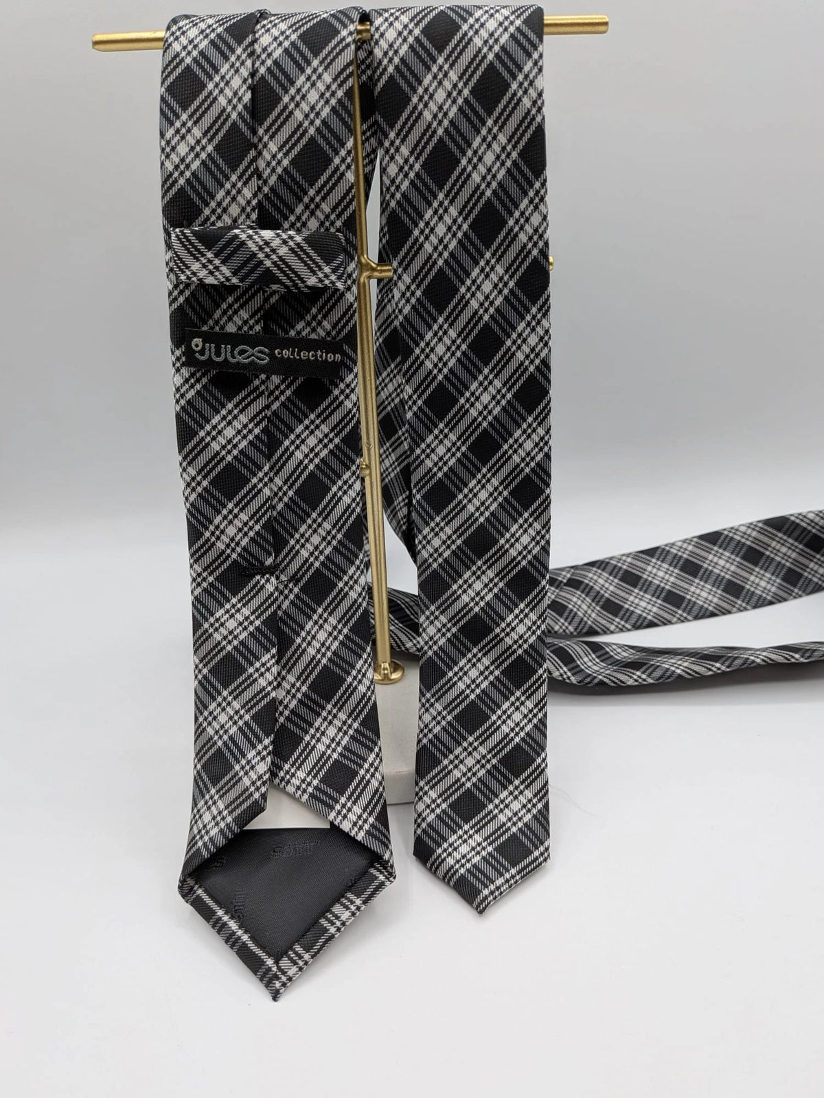 Jules tie black white gray tartan pattern 100% polyester fabric.
