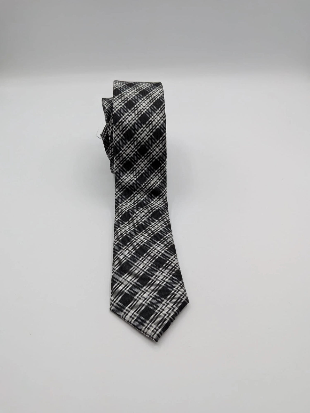 Jules tie black white gray tartan pattern 100% polyester fabric.