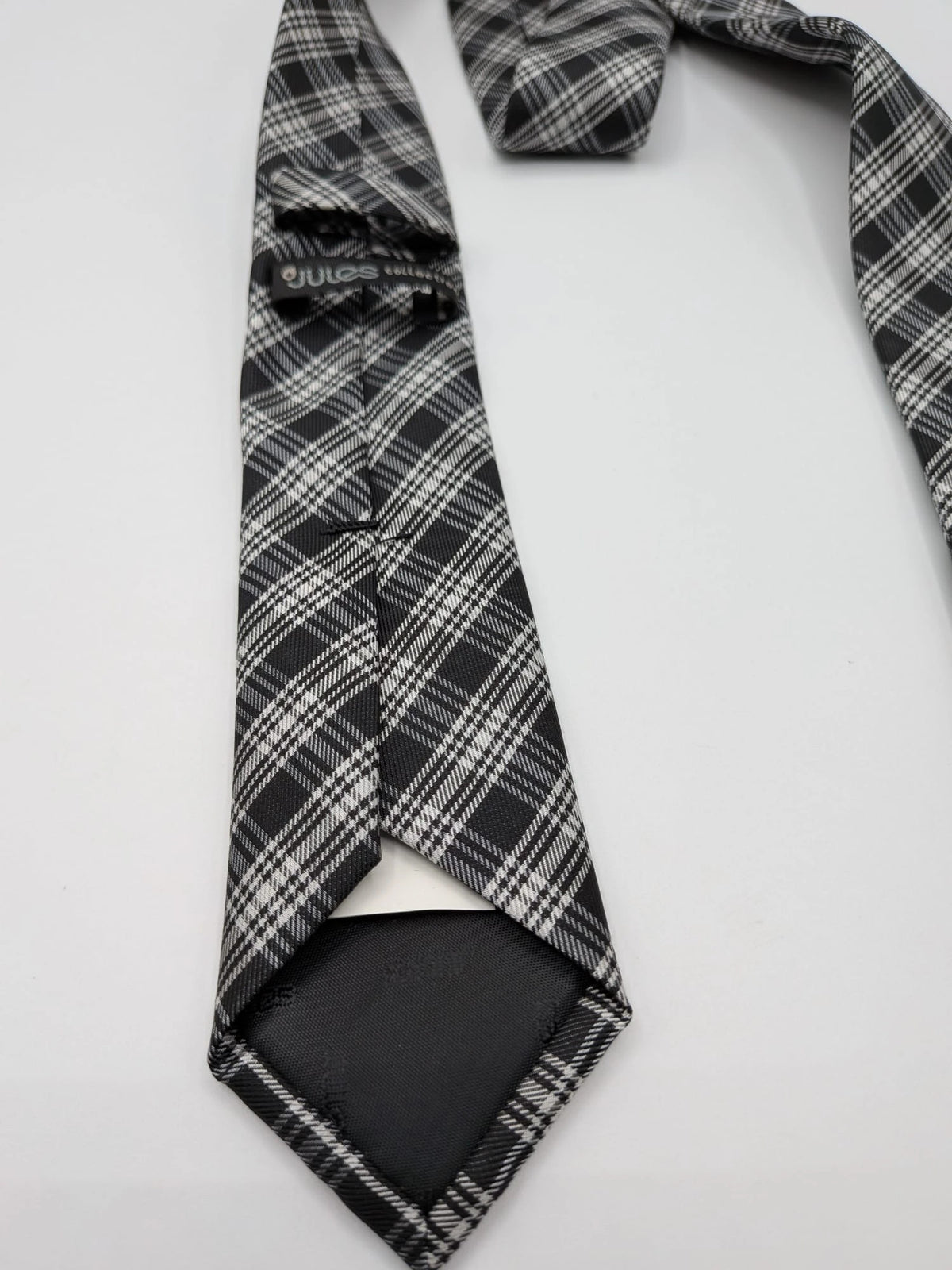 Jules tie black white gray tartan pattern 100% polyester fabric.