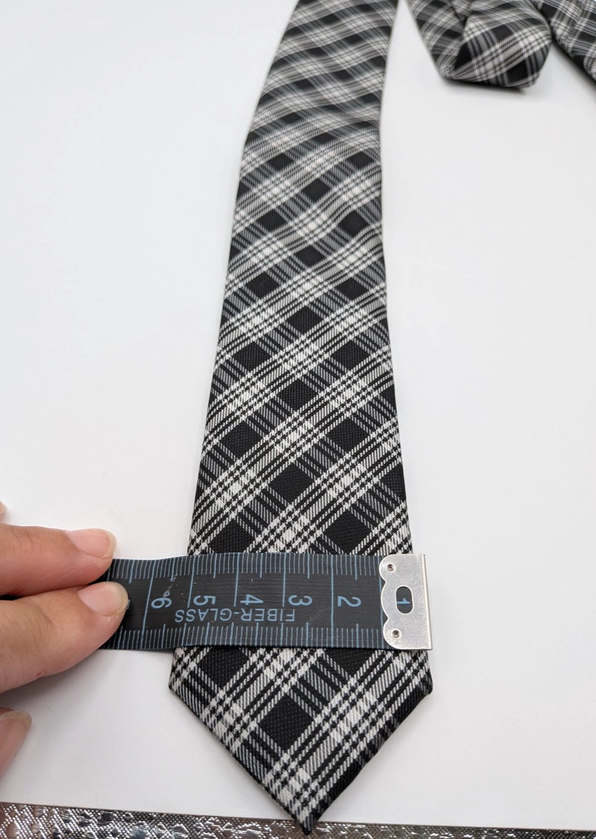 Jules tie black white gray tartan pattern 100% polyester fabric.