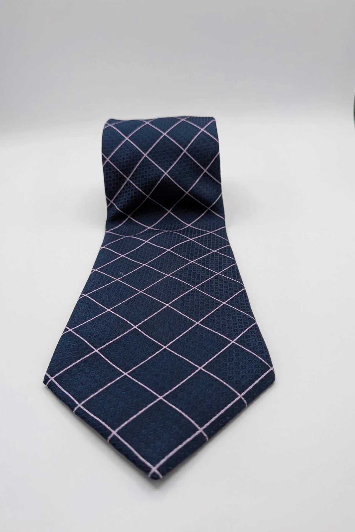 Uomo navy tie 100% silk pink geometric grid pattern elegant accessory