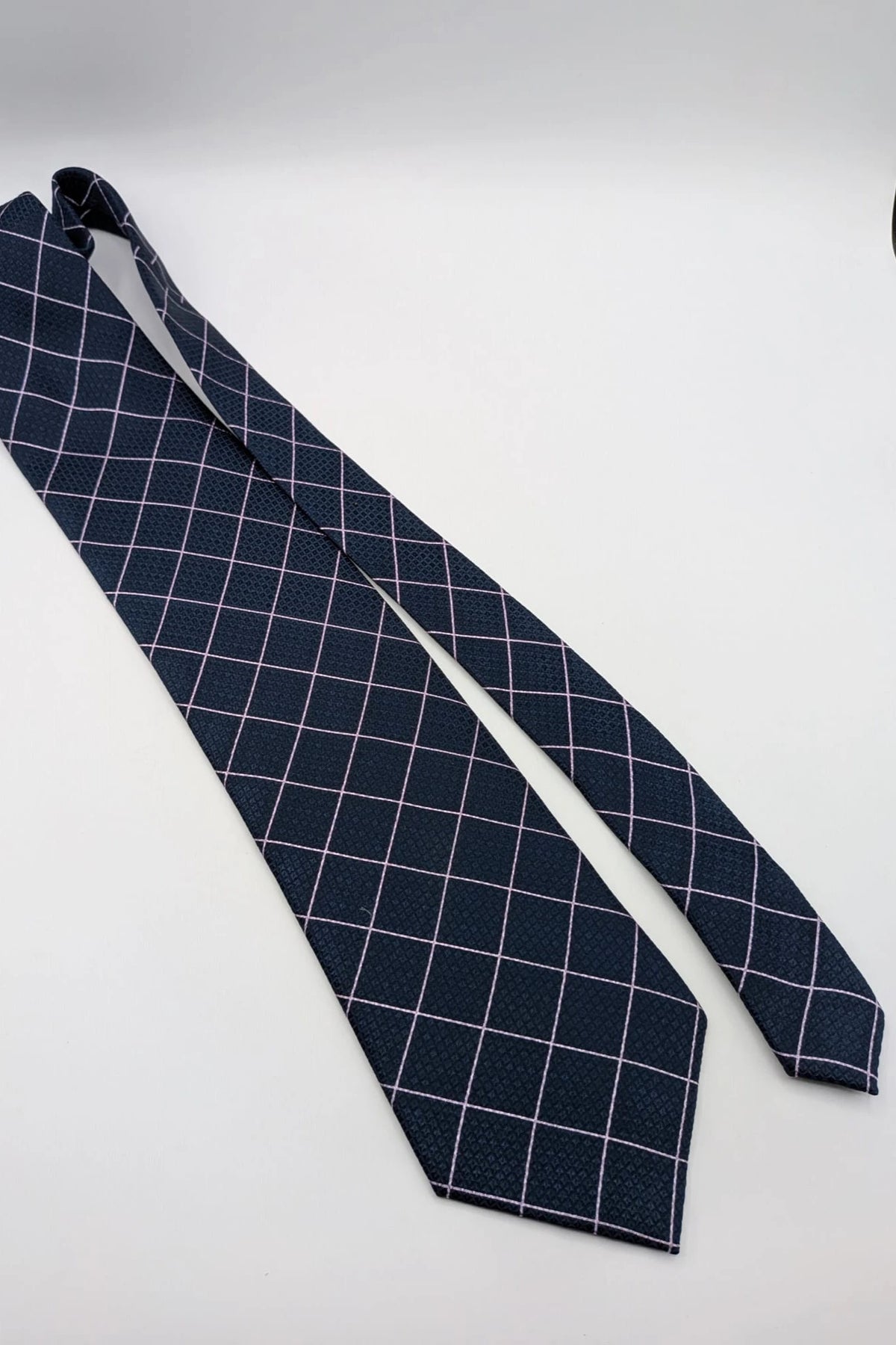 Uomo navy tie 100% silk pink geometric grid pattern elegant accessory