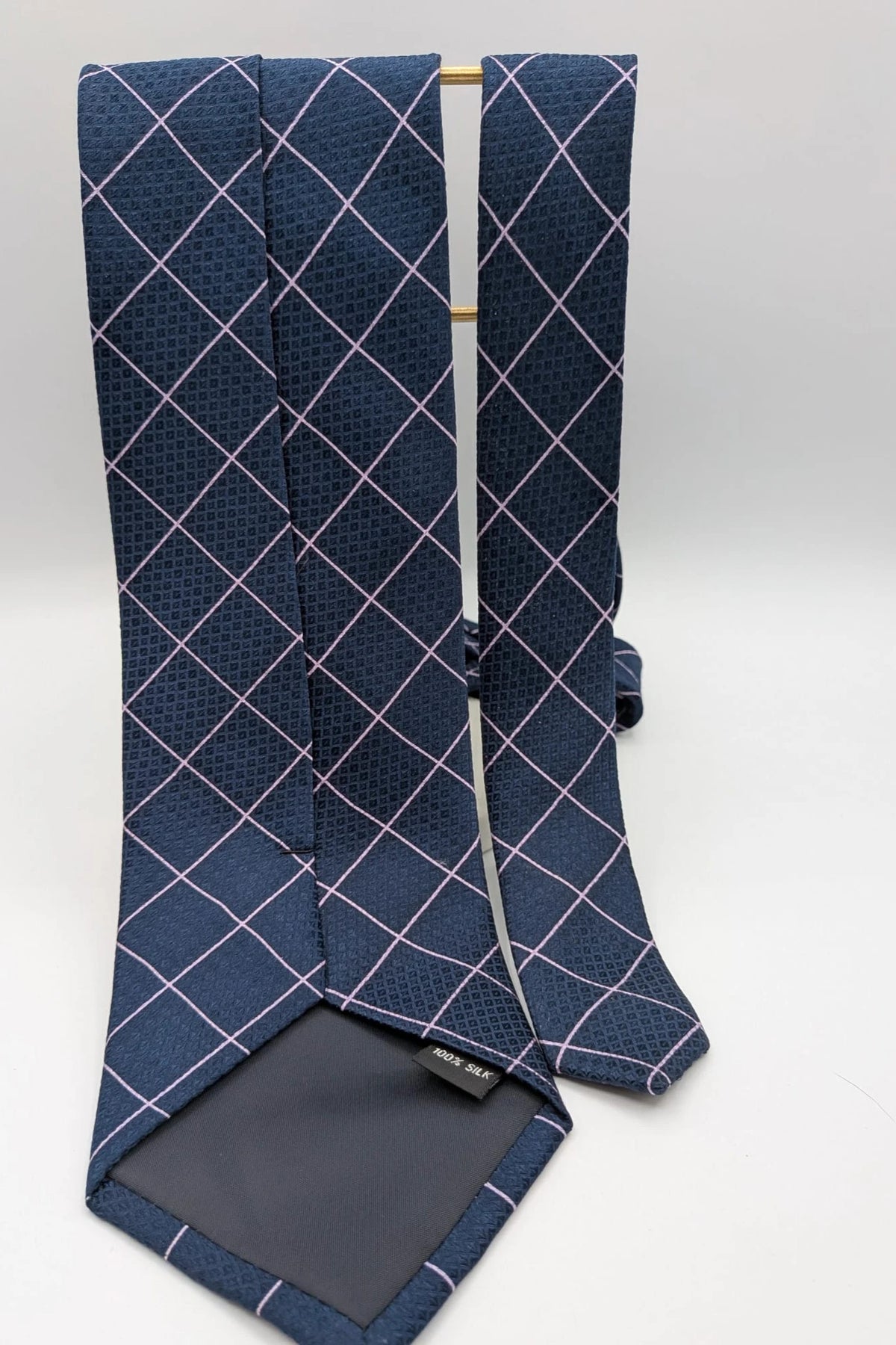 Uomo navy tie 100% silk pink geometric grid pattern elegant accessory