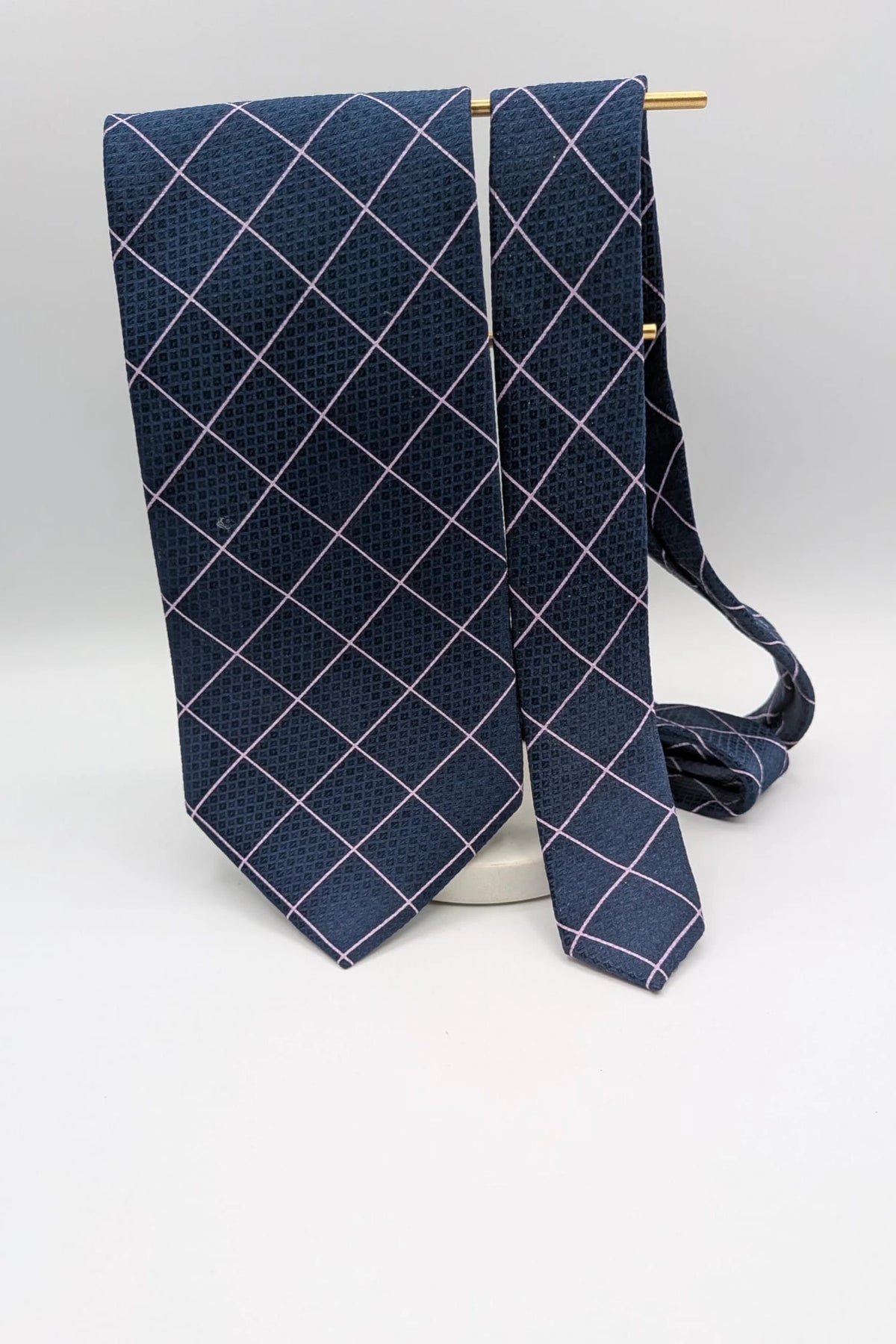 Uomo navy tie 100% silk pink geometric grid pattern elegant accessory