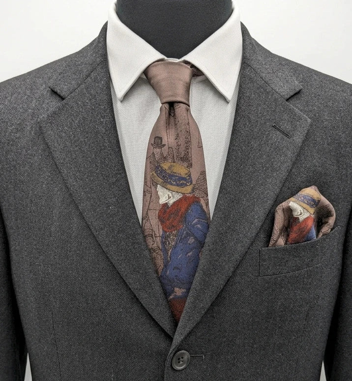 Uomo brown tie vintage illustrated pattern with blue, bordeaux, and ochre details.