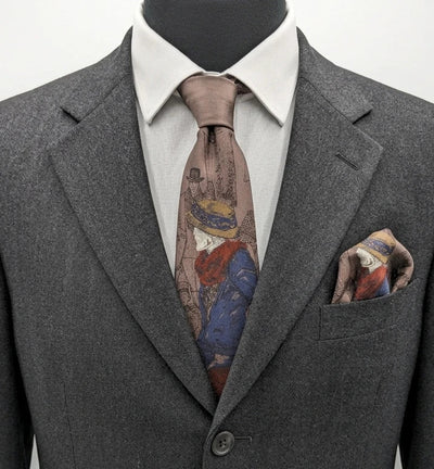 Cravatta uomo fantasia figurativa vintage – marrone taupe e blu