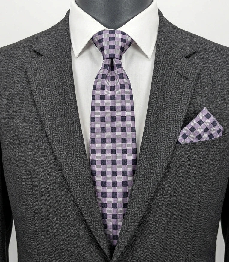Uomo navy tie 100% silk geometric plaid pattern in purple and gray.