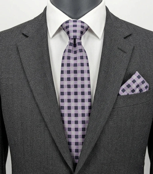 Uomo navy tie 100% silk geometric plaid pattern in purple and gray.