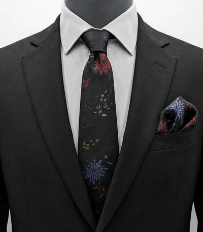 Cravatta uomo in seta nera fantasia floreale rossa e blu – Made in Italy