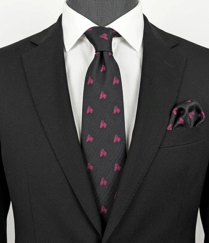 Vintage Dressing black tie with pink horse head pattern, 100% silk, Made in Italy.