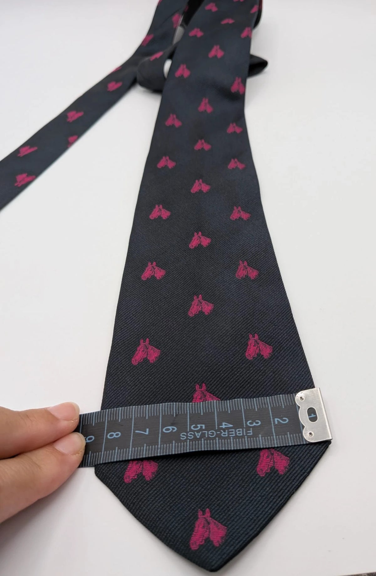 Vintage Dressing black tie with pink horse head pattern, 100% silk, Made in Italy.