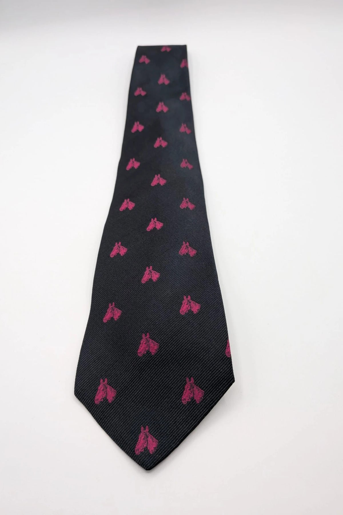 Vintage Dressing black tie with pink horse head pattern, 100% silk, Made in Italy.