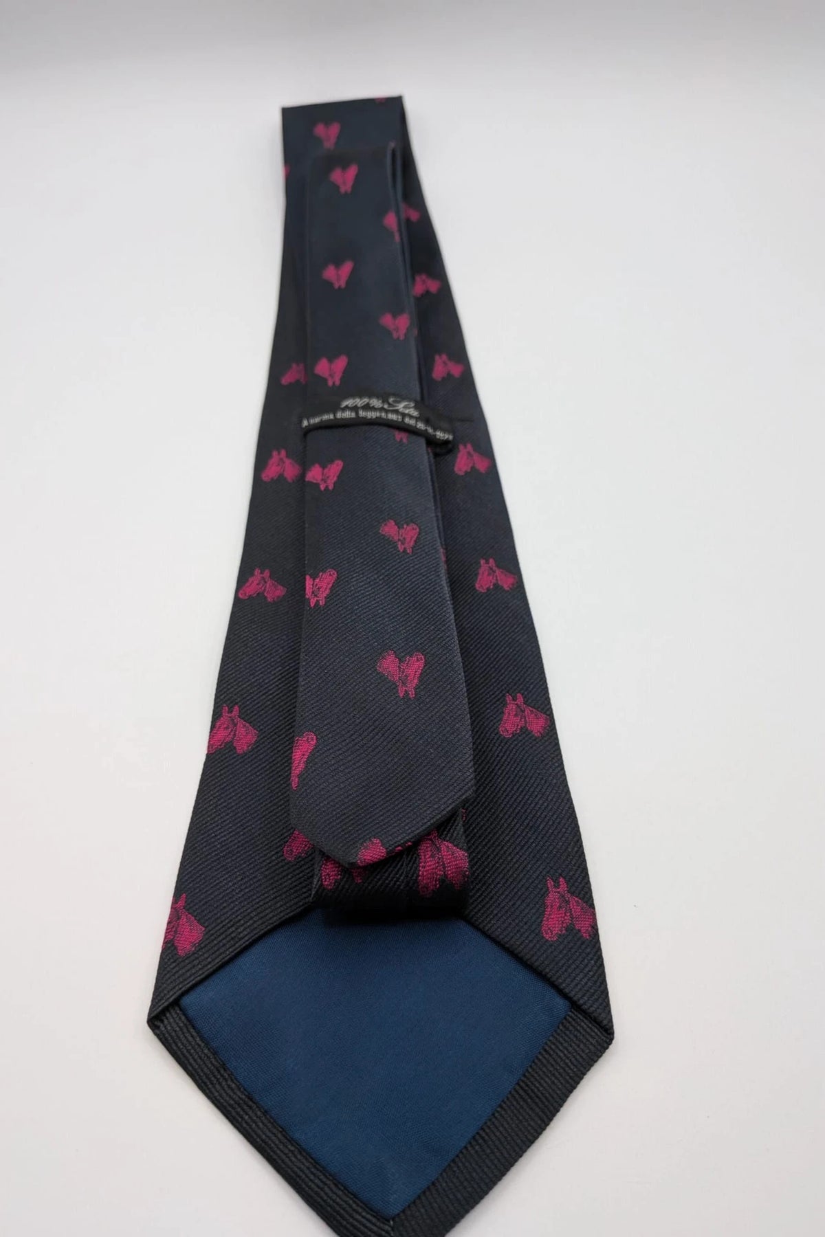 Vintage Dressing black tie with pink horse head pattern, 100% silk, Made in Italy.