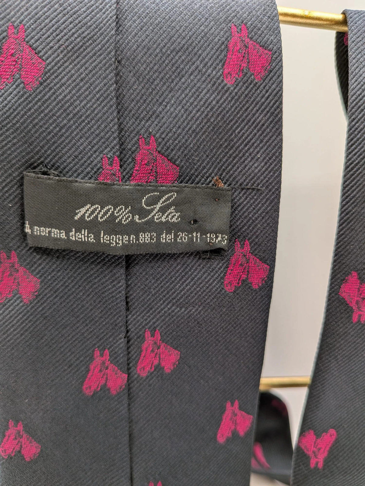Vintage Dressing black tie with pink horse head pattern, 100% silk, Made in Italy.