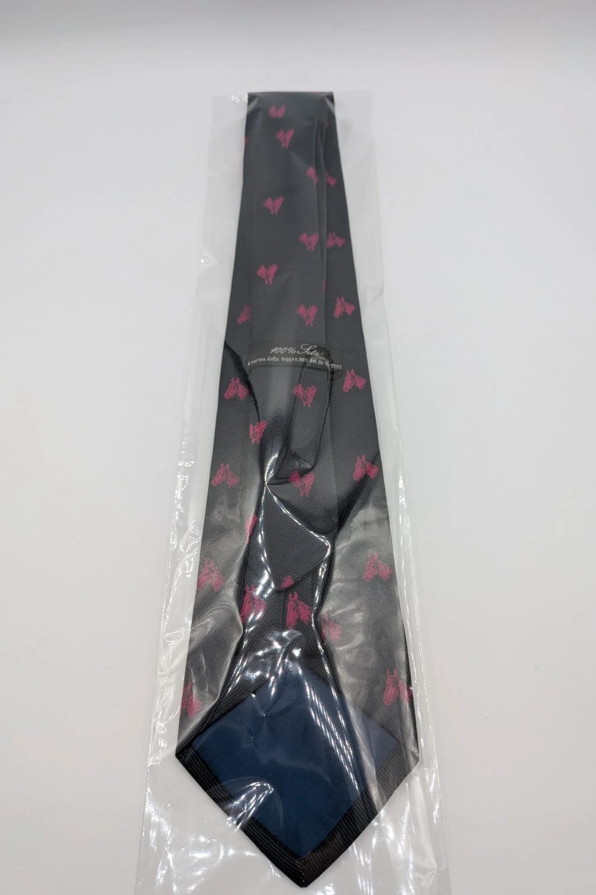 Vintage Dressing black tie with pink horse head pattern, 100% silk, Made in Italy.