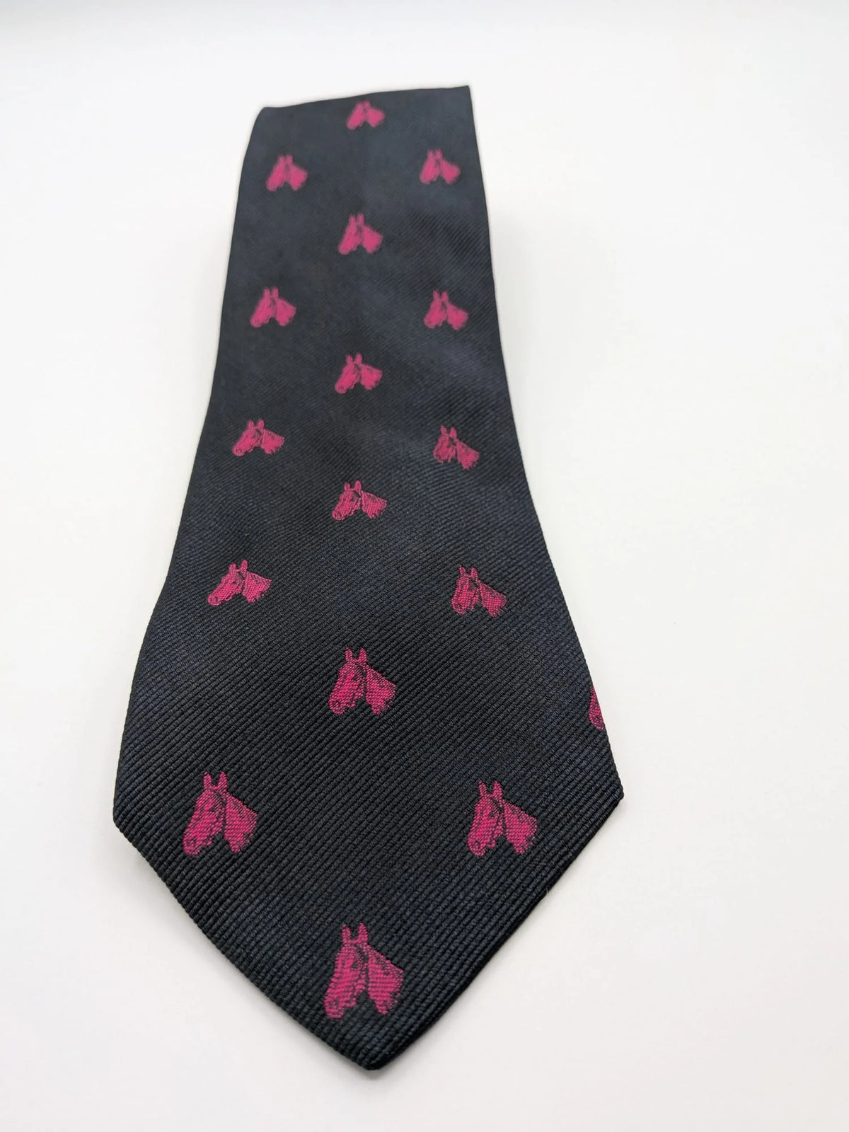 Vintage Dressing black tie with pink horse head pattern, 100% silk, Made in Italy.