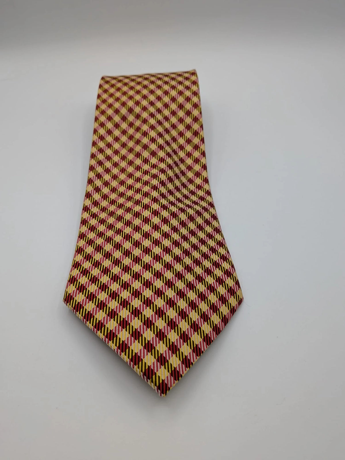 Vintage Dressing burgundy and yellow tie geometric pattern 100% silk Made in Italy.