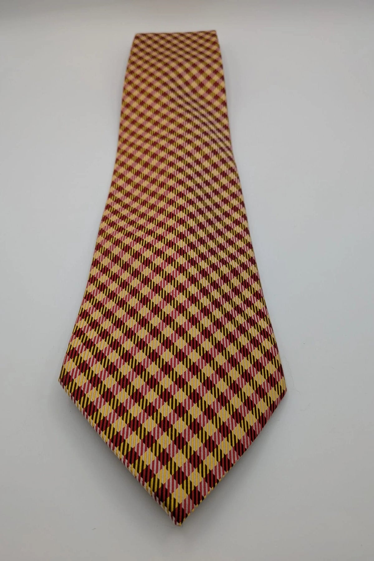 Vintage Dressing burgundy and yellow tie geometric pattern 100% silk Made in Italy.