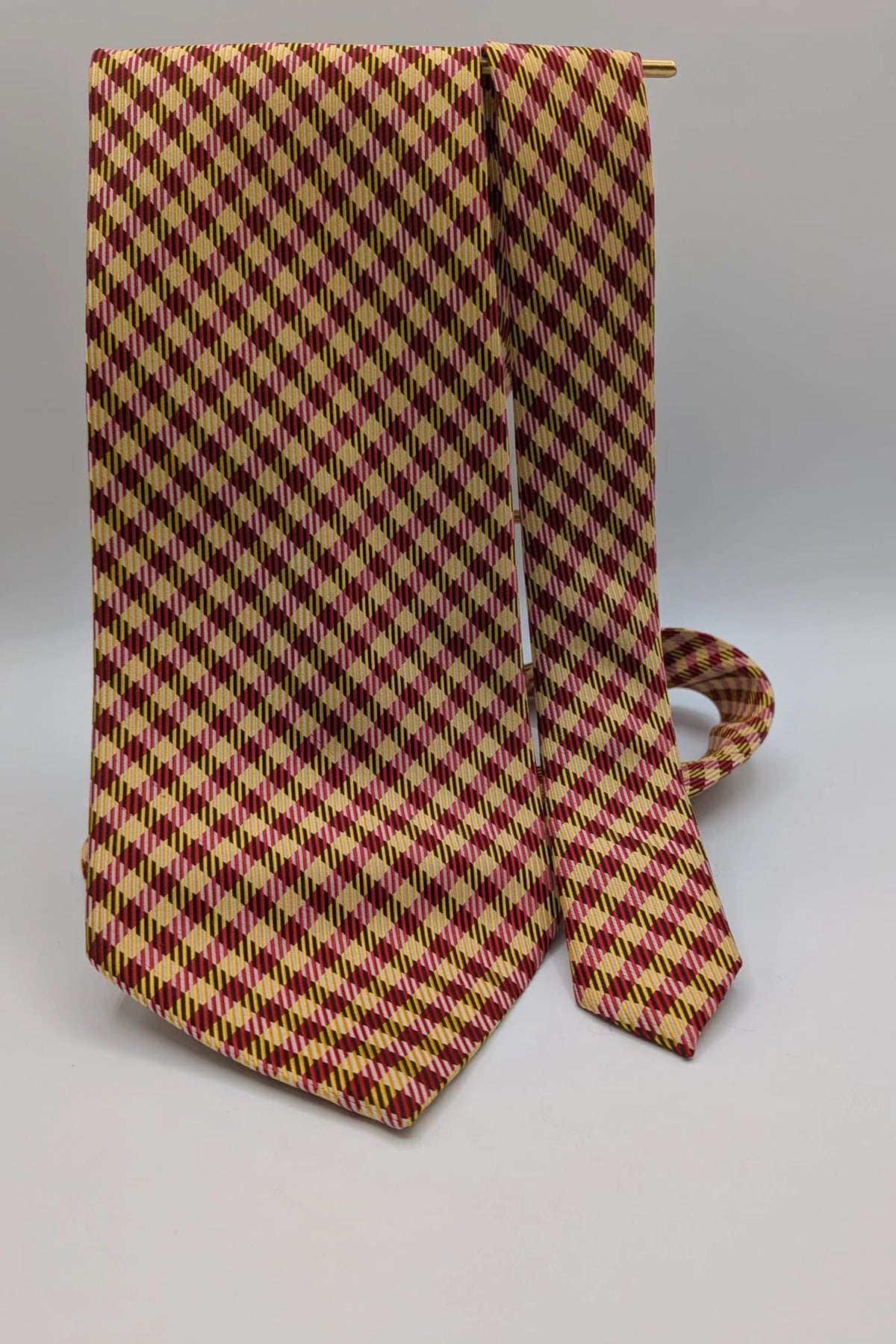 Vintage Dressing burgundy and yellow tie geometric pattern 100% silk Made in Italy.