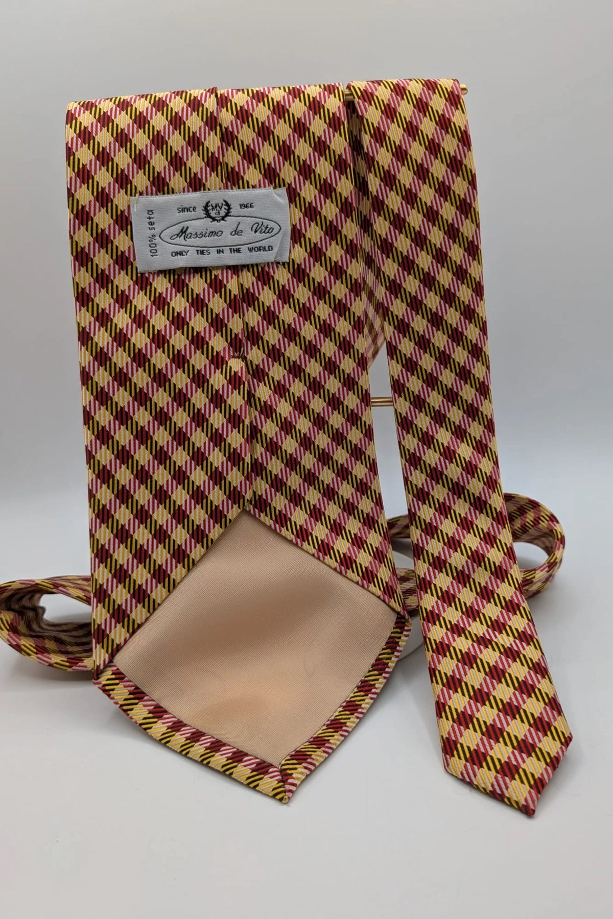 Vintage Dressing burgundy and yellow tie geometric pattern 100% silk Made in Italy.