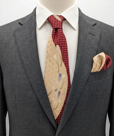 Cravatta Renoma Paris fantasia bicolore pois e motivo astratto bordeaux beige seta