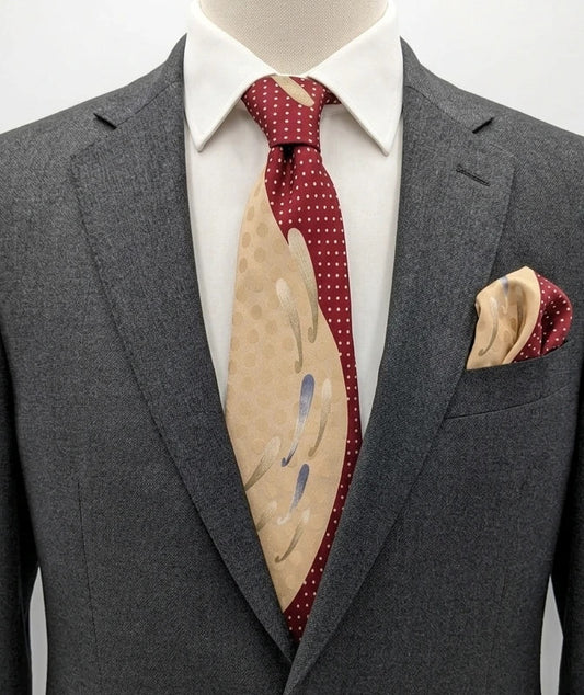Renoma beige and burgundy tie with ivory polka dots and abstract blue-green designs.