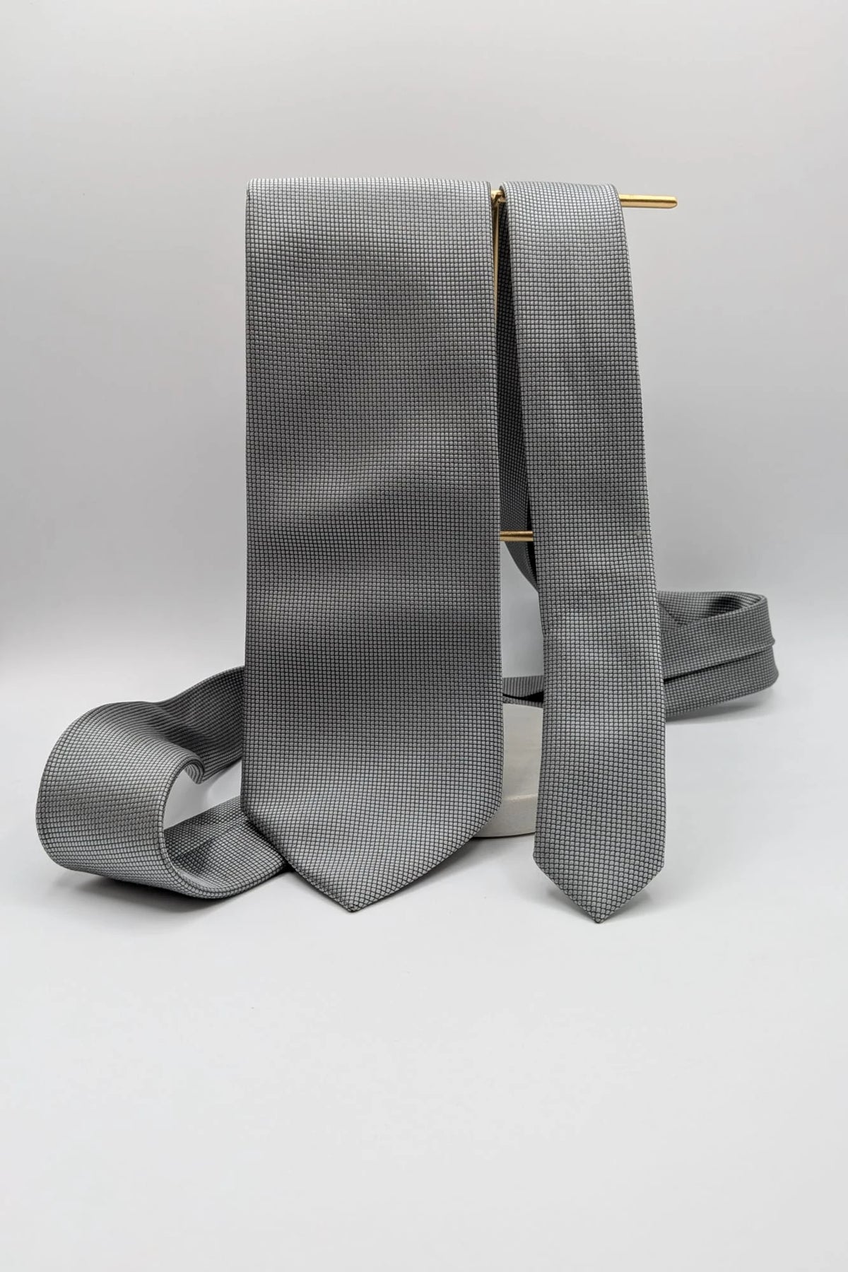 Cotton & Silk grey tie with black micro check pattern and polyester material.