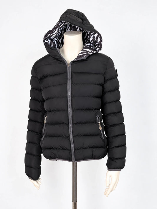 Colmar Originals black coat with geometric white and black lining, zip closure, logo patch.