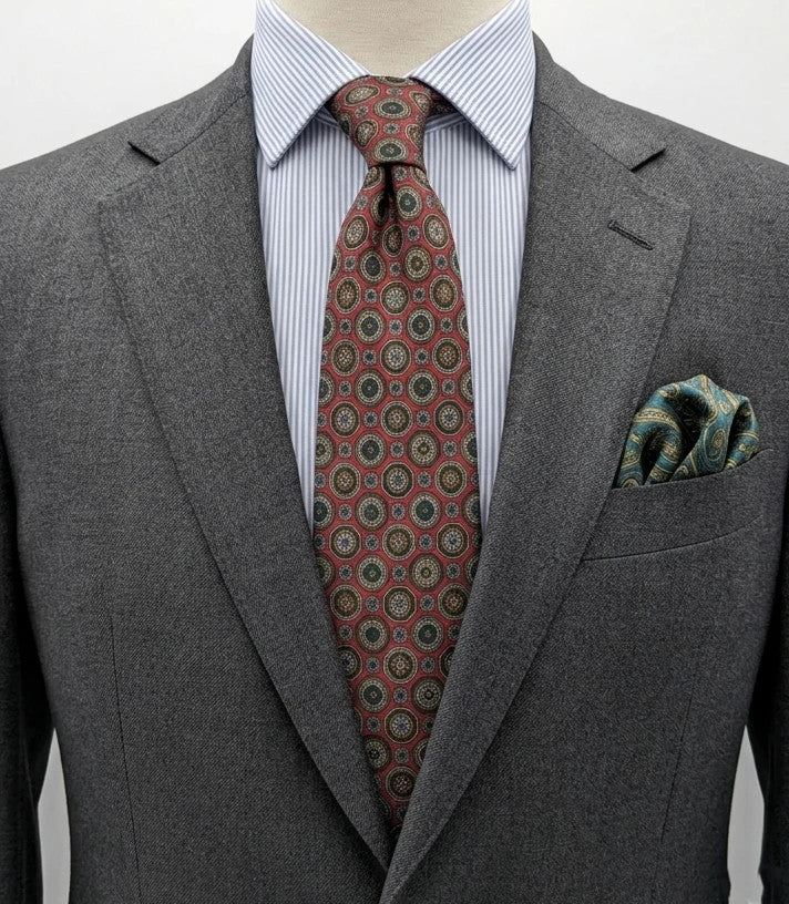 Vintage Dressing burgundy silk tie geometric medallion pattern handmade in Italy