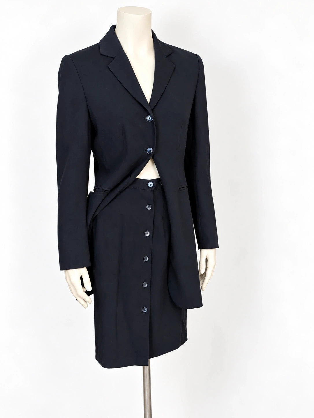Amuleti navy skirt suit 100% virgin wool, elegant tailored design with button closure.