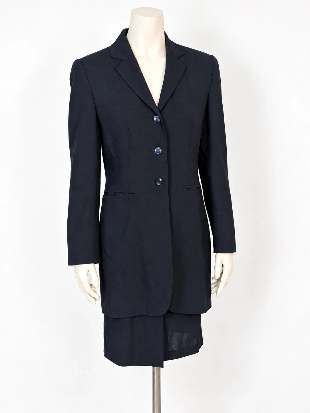 Amuleti navy skirt suit 100% virgin wool, elegant tailored design with button closure.