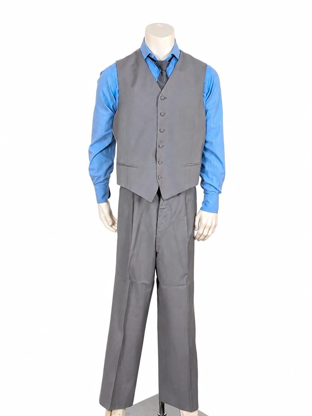Elegante grey jacket gilet with covered button front and front pockets.