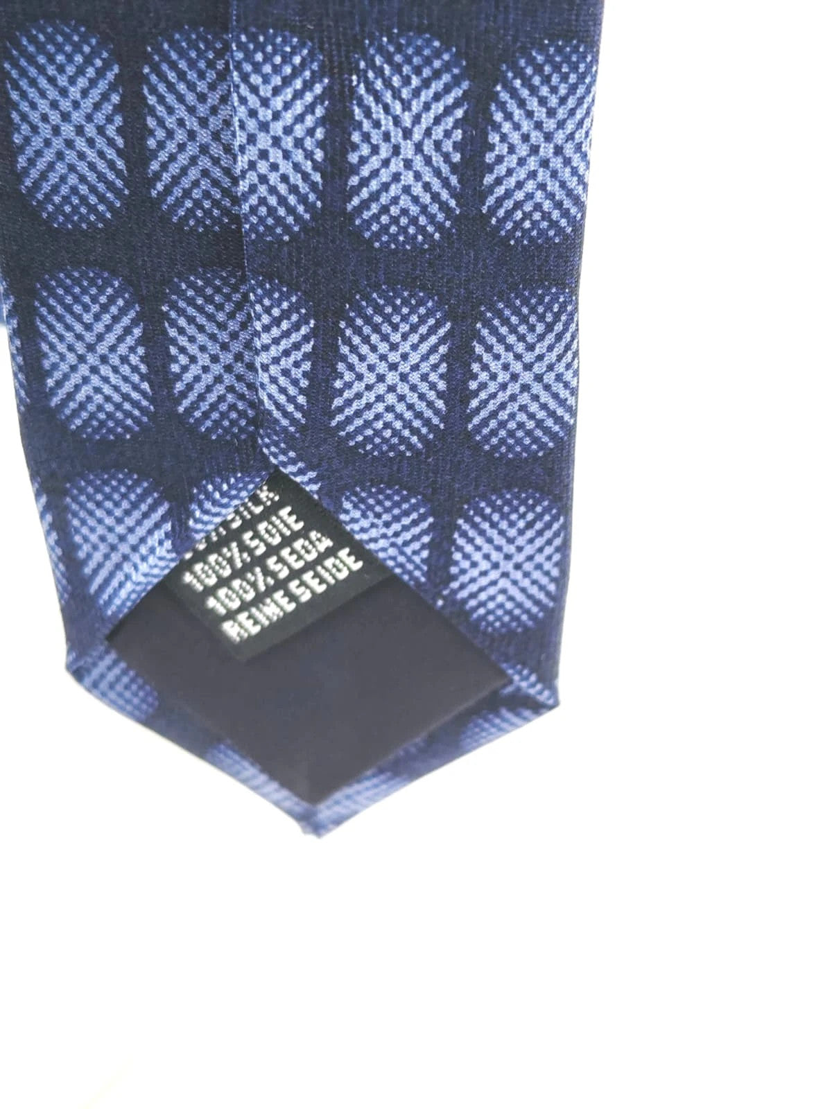 Vintage Dressing blue tie geometric oval pattern 100% silk label