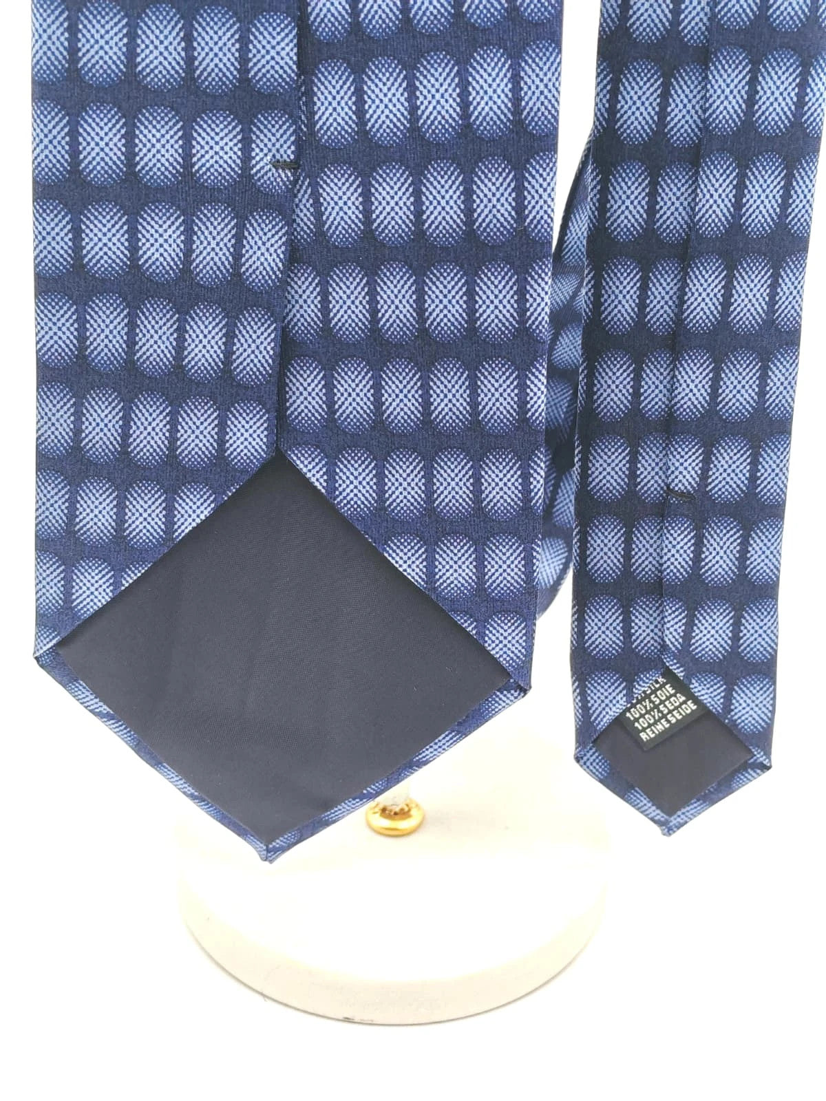 Vintage Dressing blue tie geometric oval pattern 100% silk label
