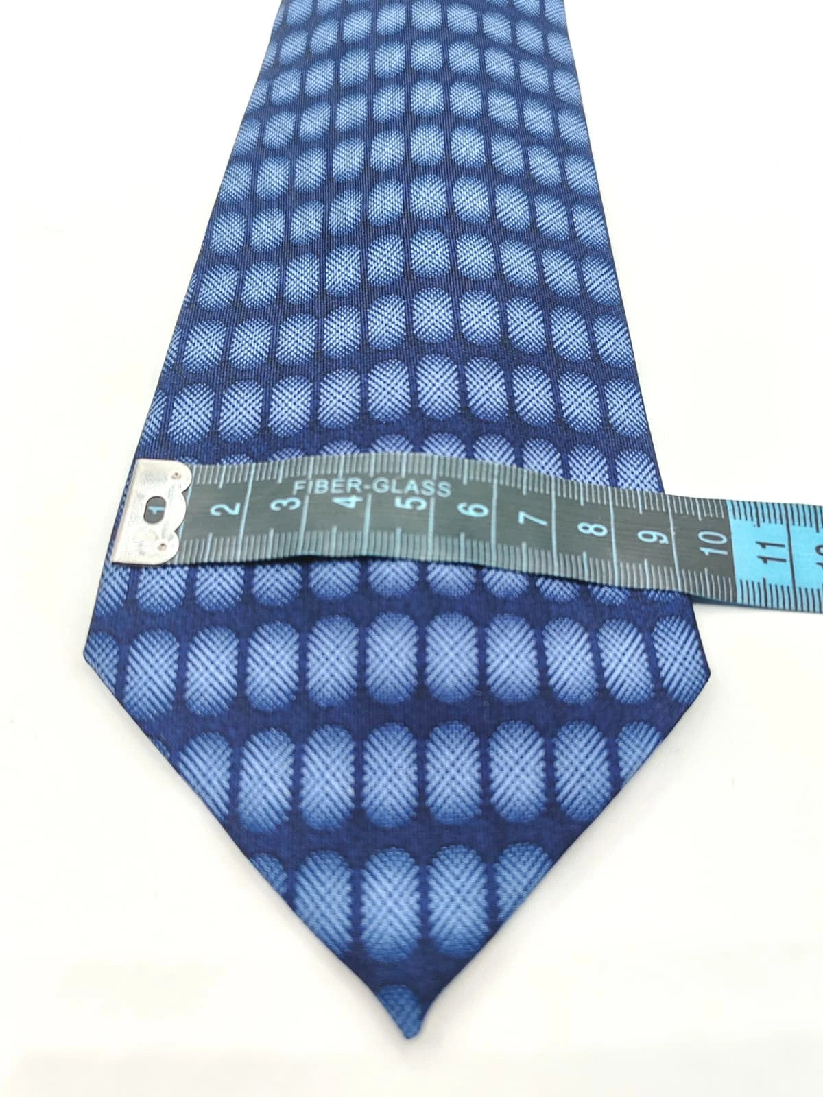 Vintage Dressing blue tie geometric oval pattern 100% silk label