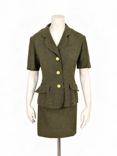 Tailleur donna vintage Freeling verde oliva - Giacca + Abito tubino - Tg. 40